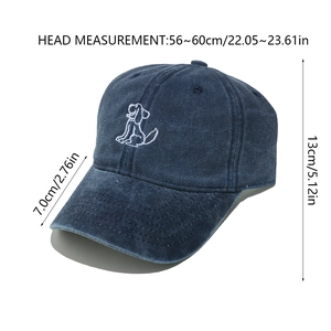Detailed size specifications for washed blue denim baseball cap with dog embroidery