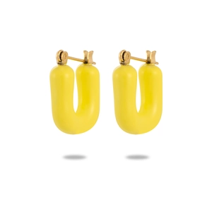 Detail shot of yellow enamel U-shaped earrings with 18K gold plated stainless steel clasps