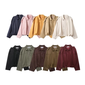 Veste Bombardier Femme Daim Synthétique Col Revers Fermeture Éclair Courte Coupe Ample Épaulettes