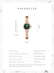 Detail view of quartz watch with green dial and rose gold metal mesh band dimensions