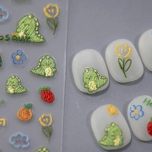 3D embossed cartoon dinosaur and floral nail art stickers with textured embroidery effect