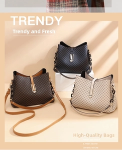 Detailed close-up of fashion tote bags in coffee, black and white with chain straps