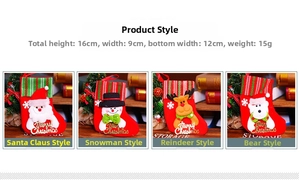 Detailed size chart for Christmas stockings featuring Santa and snowman holiday characters