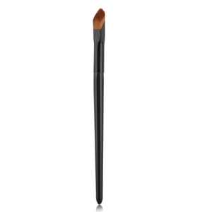 Angled concealer and highlighter brush with black handle and brown synthetic bristles