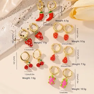 Enameled fruit drop earrings collection featuring strawberry, cherry, and dragon fruit