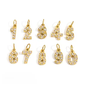 Micro-pave zircon numbers 0-9 pendants in 14K gold plated stainless steel