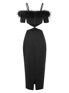 Detail of the black feather neckline and waist cutout on a sleek bodycon dress