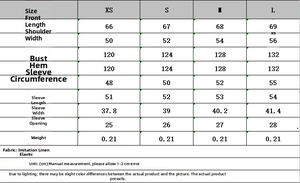 Size chart for women's buttoned linen shirt showing length, bust, and sleeve measurements