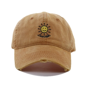 Distressed khaki baseball cap featuring yellow sun embroidery and Sunshine text detail