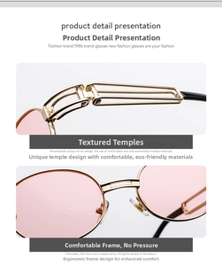Close-up of intricate gold metal temples and pink lenses on steampunk sunglasses.