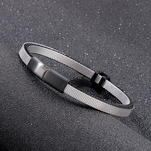 Close-up of dual-tone stainless steel mesh bracelet with black rope and matte clasp