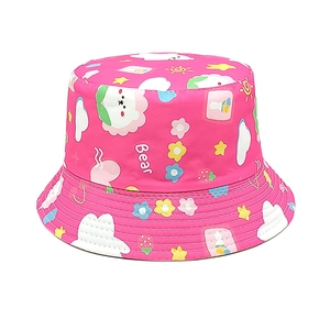 Close-up of pink sun hat with cartoon bears and stars pattern for kids