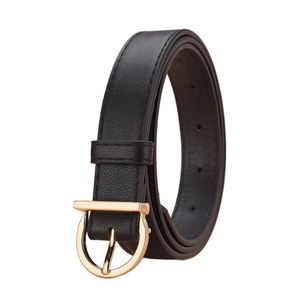 Classic black faux leather belt with golden horseshoe buckle and fine edge stitching
