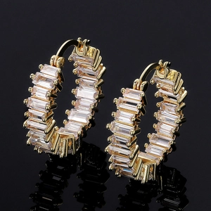 Luxurious gold-plated hoop earrings with baguette-cut AAA cubic zirconia stones
