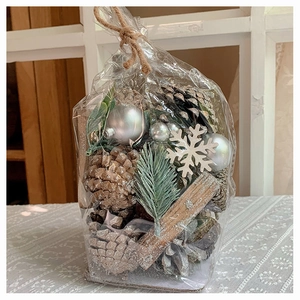 DIY Christmas kit with pink cones, silver baubles, wood snowflakes and cinnamon sticks