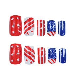 Medium square press-on nails set featuring American flag stars and stripes pattern design