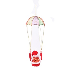 Rear view of musical Santa Claus hanging from a colorful parachute Christmas decoration
