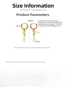 Detail view of 18K gold plated pearl drop earrings with size and weight dimensions
