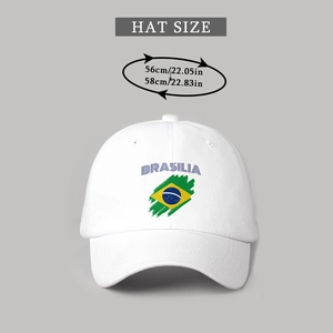 Detailed view of white cotton baseball cap with Brasilia print and size adjustment markings
