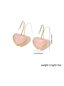 Detailed view of pink heart earrings with gold hooks including size and weight specs