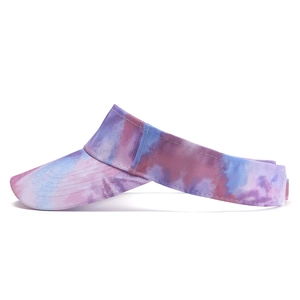 Close-up of vibrant purple and pink tie-dye sun visor with precision stitching