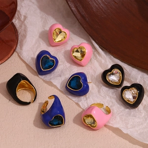 18K gold plated heart ring and earrings set with colorful gemstones in three colors