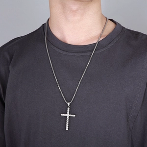 Silver stainless steel cross pendant necklace with wheat pattern on a box chain for men