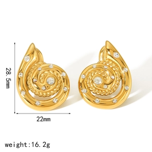 Elegant gold spiral stainless steel earrings with sparkling crystals and swirl design
