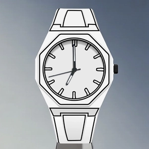 Detailed rendering of white octagonal cartoon style quartz watch with minimal dial