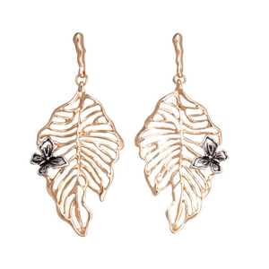Golden hollow leaf earrings with small butterfly accents shown on a white background