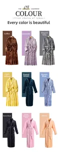 Nine colors of thick flannel bathrobes in a grid layout showing long coral fleece robes