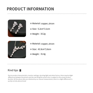Detailed product information chart showing zircon flower jewelry set size and material