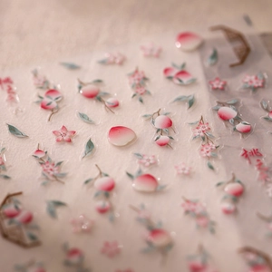 3D textured peach blossom nail stickers with floral patterns and pink fruit designs