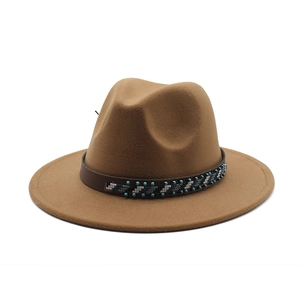 British style wide brim fedora hat in camel wool felt with a boho beaded ribbon band