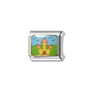 Customizable stainless steel bracelet link with colorful enamel cartoon castle design