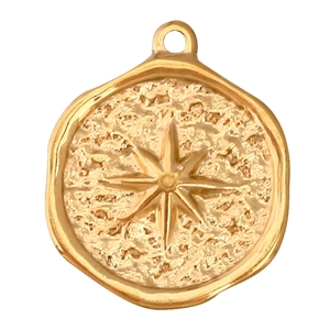 Detailed view of a gold stainless steel circular pendant with embossed polar star motif