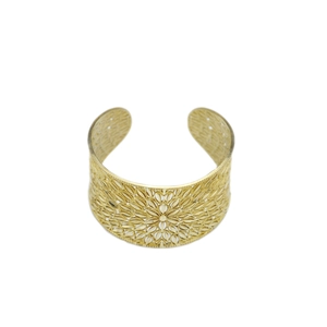 Hollow mandala pattern gold wide open bangle with vintage floral filigree design