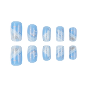 Short square press-on nails with blue and white marble pattern and gold glitter lines