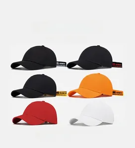 Detail of colorful soft top cotton baseball caps with trendy long strap labels in grid layout