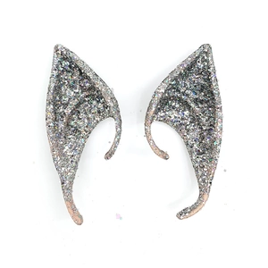 Cosplay elf ears with silver glitter finish for Halloween parties and costume events
