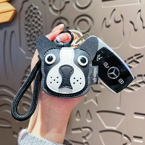 Handmade leather French Bulldog keychain with woven lanyard and black white contrast