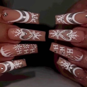 Christmas Press On Nails Long Square White Snowflake Heart Rhinestone Silver Glitter Pink False Nails