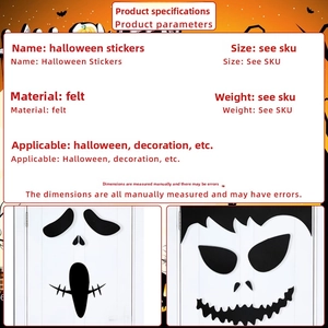 Detail of felt Halloween stickers featuring ghost and skeleton face designs on white doors