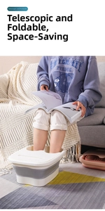 Foldable foot bath basin shown expanded and collapsed for compact storage under furniture