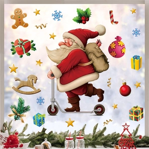 Weihnachtsfensteraufkleber mit Weihnachtsmann auf Roller, Schneeflocken und Festmotiven