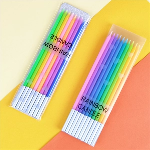 Rainbow gradient long thin birthday candles with silver bases in clear box