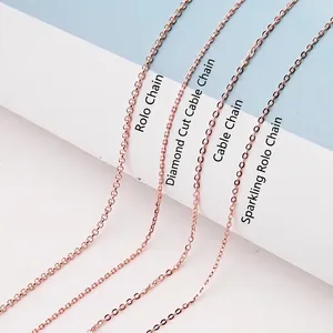 Macro shot of rose gold chains showing Pearl, Cross, and Shimmering O-link textures