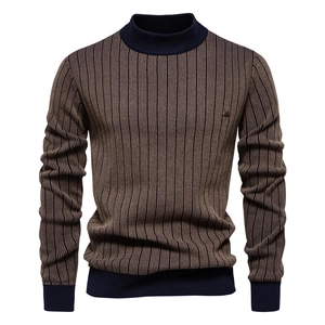 Men Slim Fit Half Turtleneck Striped Pullover Sweater Cotton And Elastane Long Sleeve Ribbed Knit Casual Urban Fashion
