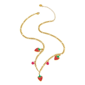 Golden Figaro chain necklace with red enamel strawberry pendants and dark red pearls