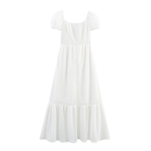 Elegant white lace off-shoulder maxi dress with puff sleeves and cinched waist design